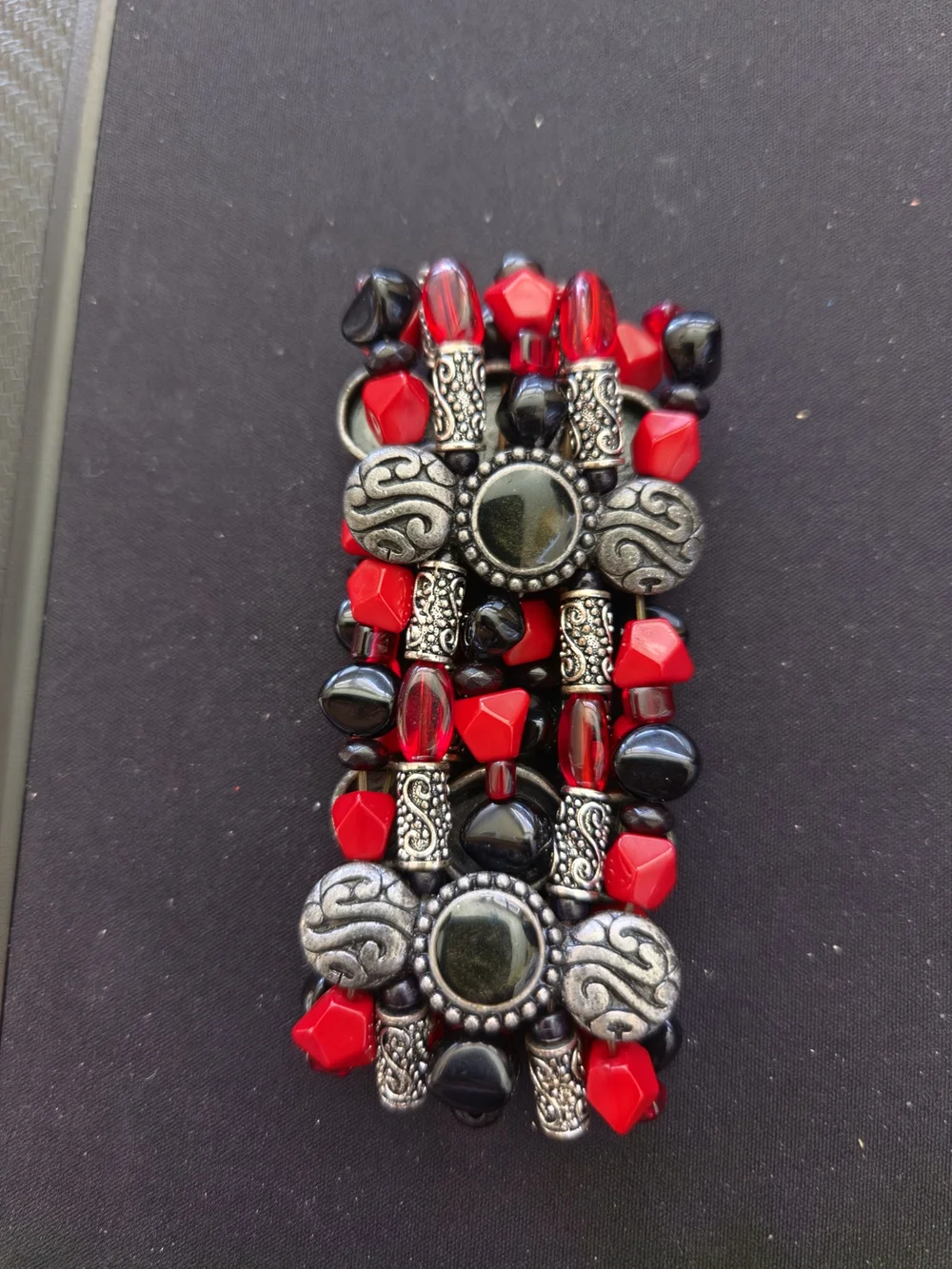 Red Black Silver Tone Multi Strand Beaded Bracelet 7” Statement Boho